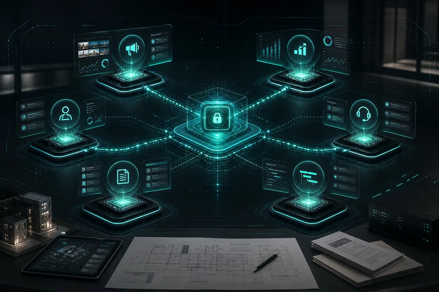 Private AI agent orchestration connecting marketing, analytics, customer service, document, project, and infrastructure workflows